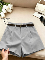 Women'S High-Waist Blazer Shorts, Solid Color Pleated Casual Shorts with Belt, Slim A-Line Commuter Shorts, Summer Lightweight Office And Daily Wear - Grey