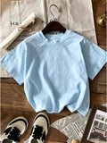 American Retro Back White Letter Print Short Sleeve T-Shirt, Basic Round Neck Casual Versatile Top - Light Blue