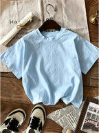 American Retro Back White Letter Print Short Sleeve T-Shirt, Basic Round Neck Casual Versatile Top - Light Blue