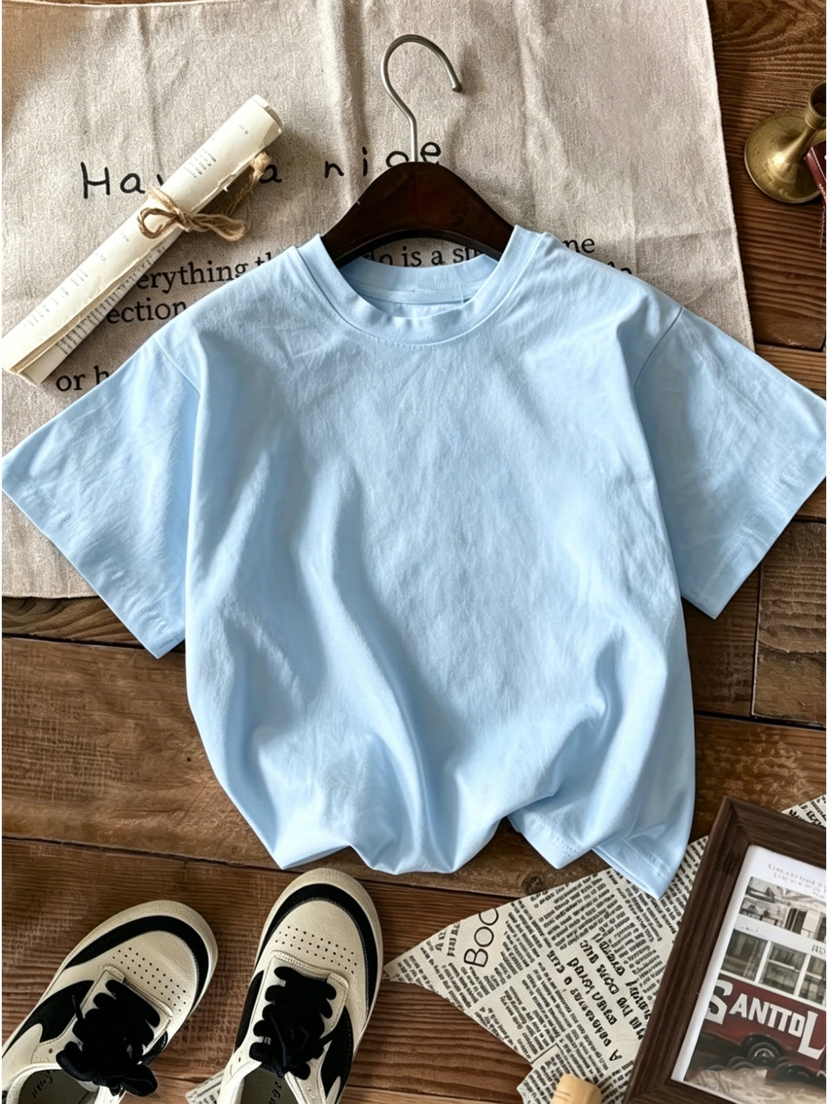 American Retro Back White Letter Print Short Sleeve T-Shirt, Basic Round Neck Casual Versatile Top - Light Blue