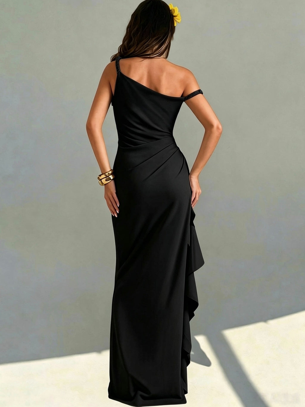 Women's Elegant Off-Shoulder Bridesmaid Dress with Twist Knot Strapless High Slit & Ruffled Wrap - Machine Washable Wedding Party Dress Suitable for Prom, Valentine's Day, Special Occasions, Long Evening Gown - Black