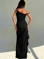 Women's Elegant Off-Shoulder Bridesmaid Dress with Twist Knot Strapless High Slit & Ruffled Wrap - Machine Washable Wedding Party Dress Suitable for Prom, Valentine's Day, Special Occasions, Long Evening Gown - Black