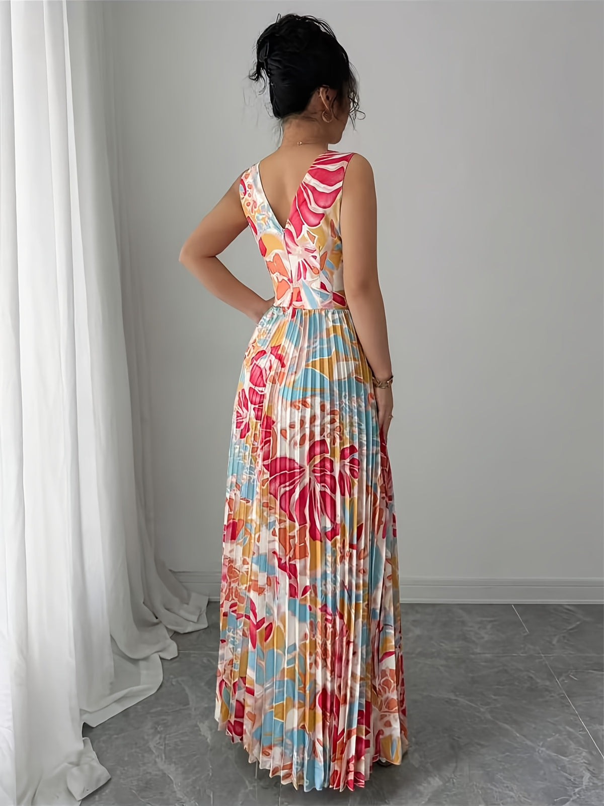 Exquisite Fashionable Party Attire Wedding Guest Graduation Birthday Evening Gown Women'S Elegant Floral Digital Print Pleated Split Design Sexy Deep V-Neck Backless Long-Length Dress Bridesmaid Dress Women'S - Red