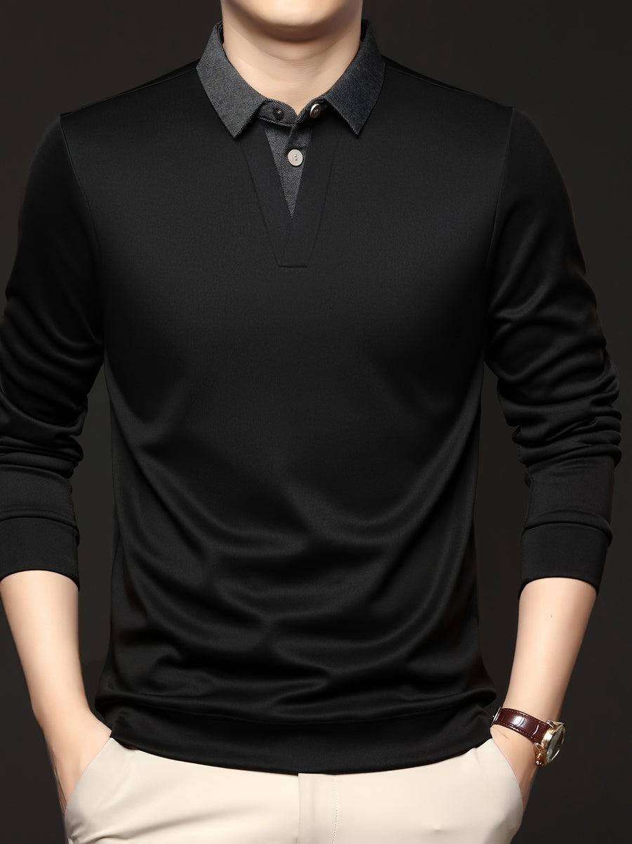 Men's Autumn/Winter 2-in-1 Look Polo Sweatshirt, Pullover Top, Business Casual, Daily Outings, Versatile and Durable, Warm and Comfortable, Ideal Gift Choice - Black