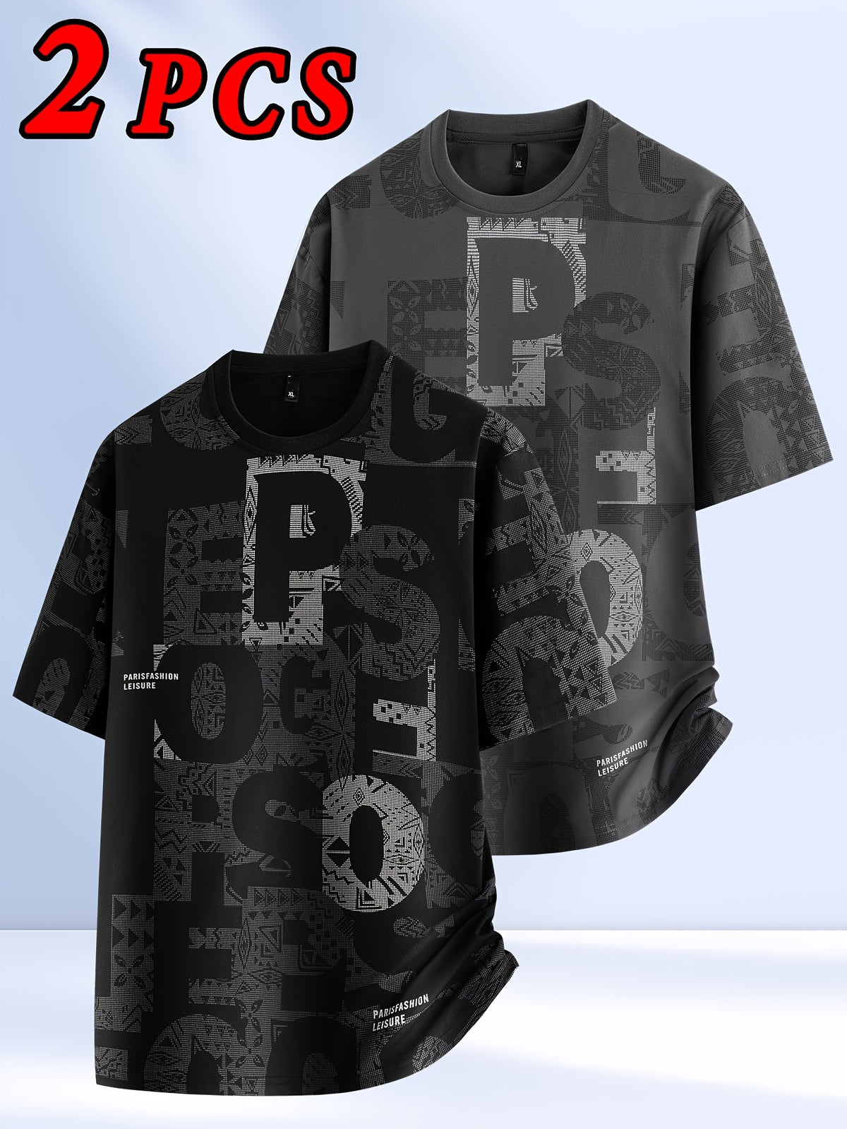 2pcs Men's Short Sleeve T-Shirts, Summer Fashion All-Over Print Short Sleeve Tees, Loose Fit Letter Print Stretch Short Sleeve Sport Tops, Youth Crew Neck Breathable Trendy T-Shirts, Suitable for Daily Wear, College, Street, and Sporty Outfits - 2 pieces - Gray + Black