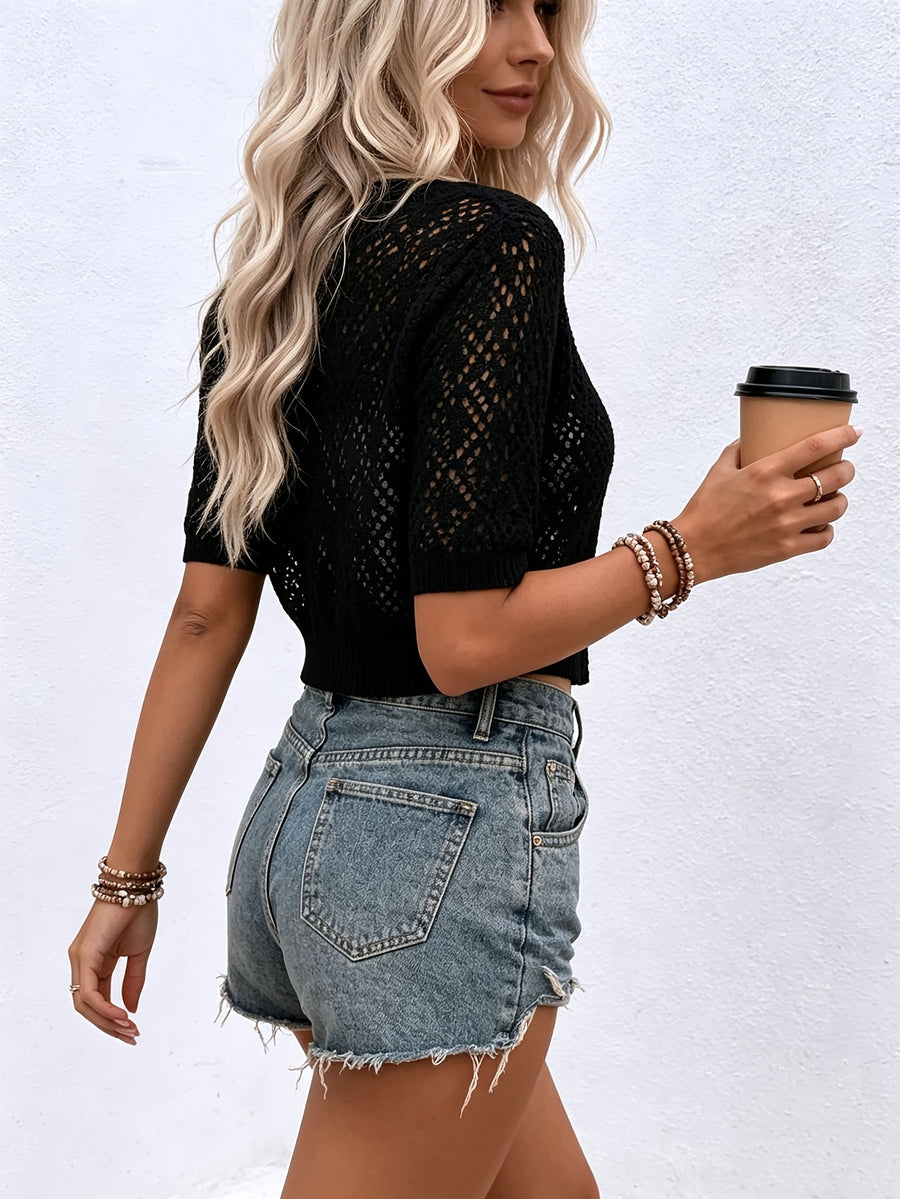 Short-style Open-work Casual Button-front Short-sleeve Cardigan - Black