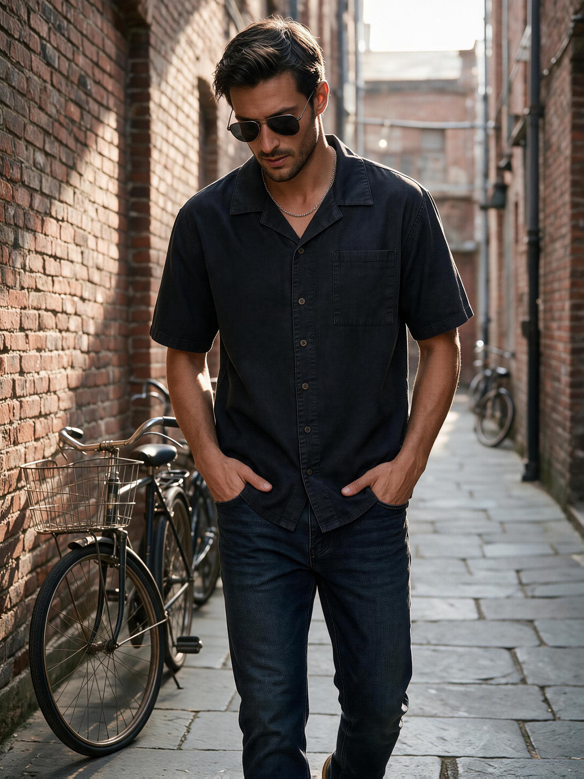 Men's Washed Black Denim Short Sleeve Button Shirt, Loose Fit Breathable Casual Streetwear Shirt with Chest Pocket for Summer Vacation - Black