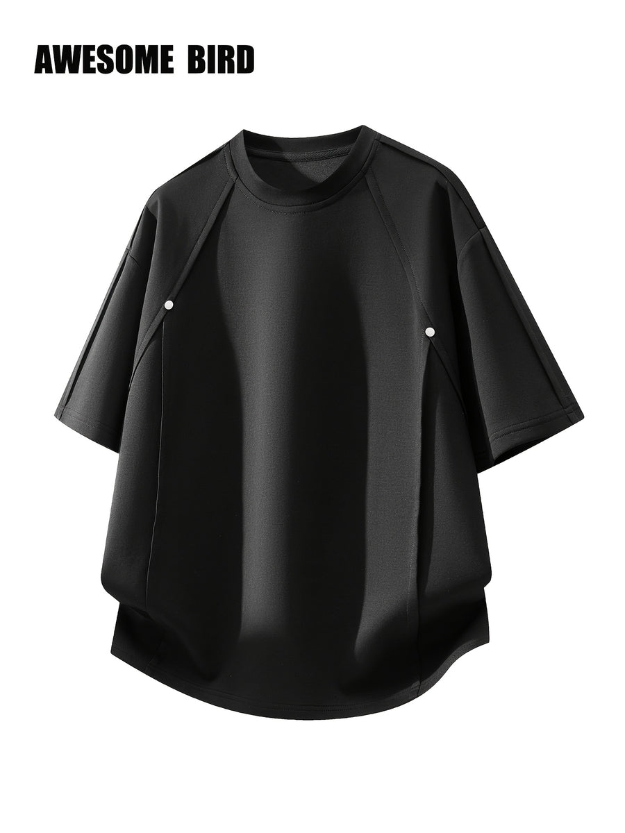 American-style Heavyweight Deconstructed Rivet-Patch Short-Sleeve T-Shirt for Men, Summer Lightweight Fiber Fabric Quick-Dry Loose Fit Tee - Black
