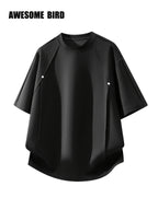 American-style Heavyweight Deconstructed Rivet-Patch Short-Sleeve T-Shirt for Men, Summer Lightweight Fiber Fabric Quick-Dry Loose Fit Tee - Black