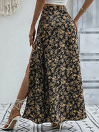 1pc Blue and White Porcelain Casual Paisley Slit Maxi Skirt for Women, High-Waist Satin Drape Vintage Print Slit Skirt - Black Golden