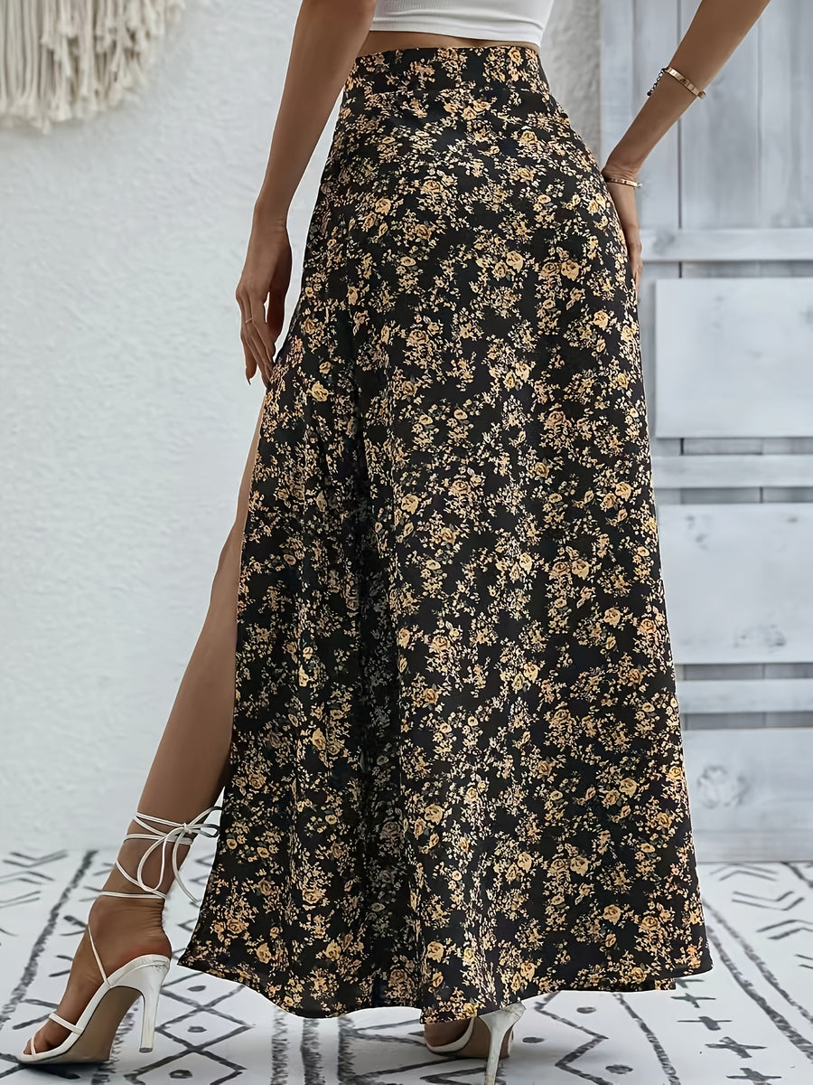 1pc Blue and White Porcelain Casual Paisley Slit Maxi Skirt for Women, High-Waist Satin Drape Vintage Print Slit Skirt - Black Golden