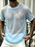 Men's Geometric Triangle Small Logo Mesh Short Sleeve Cooling Quick-Dry Loose Fit Crew Neck Sports T-Shirt - Sky Blue