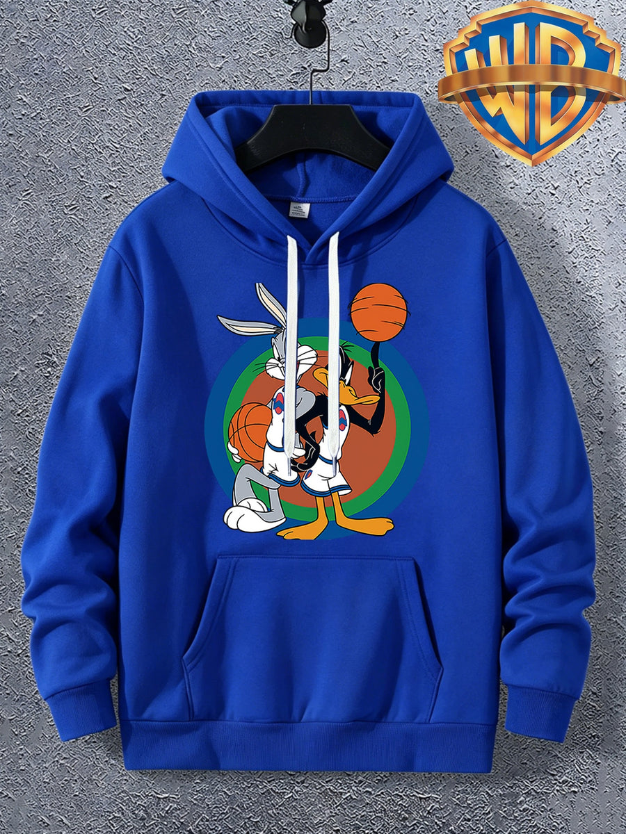 Warner Licensed Men'S Autumn Long Sleeve Hooded Sweatshirt, Durable Ribbed Cuffs, Breathable Polyester Fabric, Round Bottom with Rabbit And Duck Cartoon Print, Suitable for School Youth Casual Wear, Class, Club, Court Activities - Color Blue