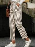 Women'S Striped Print Straight-Leg Cropped Trousers, Casual Lace-Up Elastic Waist Loose Pants - Multicolor