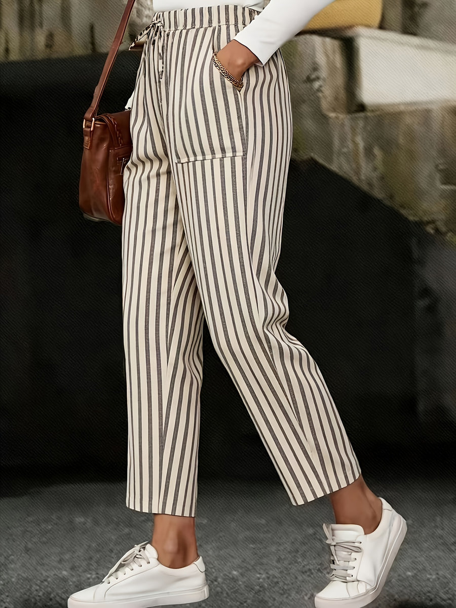 Women'S Striped Print Straight-Leg Cropped Trousers, Casual Lace-Up Elastic Waist Loose Pants - Multicolor