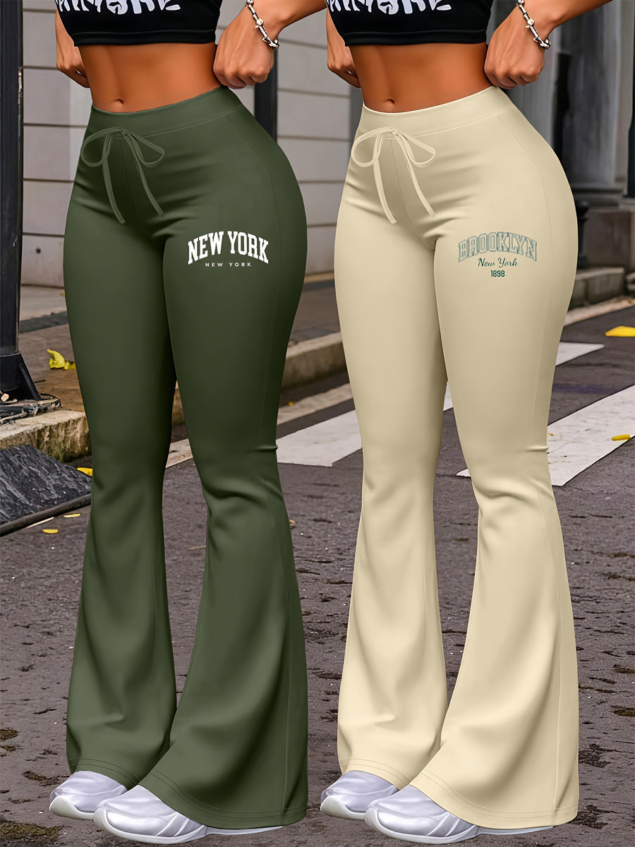 New Autumn Women's Clothing from Europe and America, NEW YORK & BROOKLYN Letter Print, Daily Casual Wear, Two-Pack of Comfortable Slim-Fit Stretch Tapered Straight-Leg Pants with Drawstring Waistband - Army Green + Apricot
