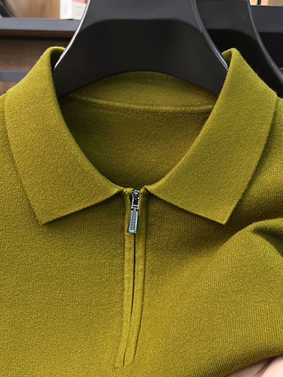 Men's Polo Collar Half-Zip Knit Sweater, Solid Color Minimalist Light Business Knit Pullover, Suitable for Spring, Autumn, and Early Winter, for Commuting and Casual Wear - SINBOS - Autumn Fragrant Yellow