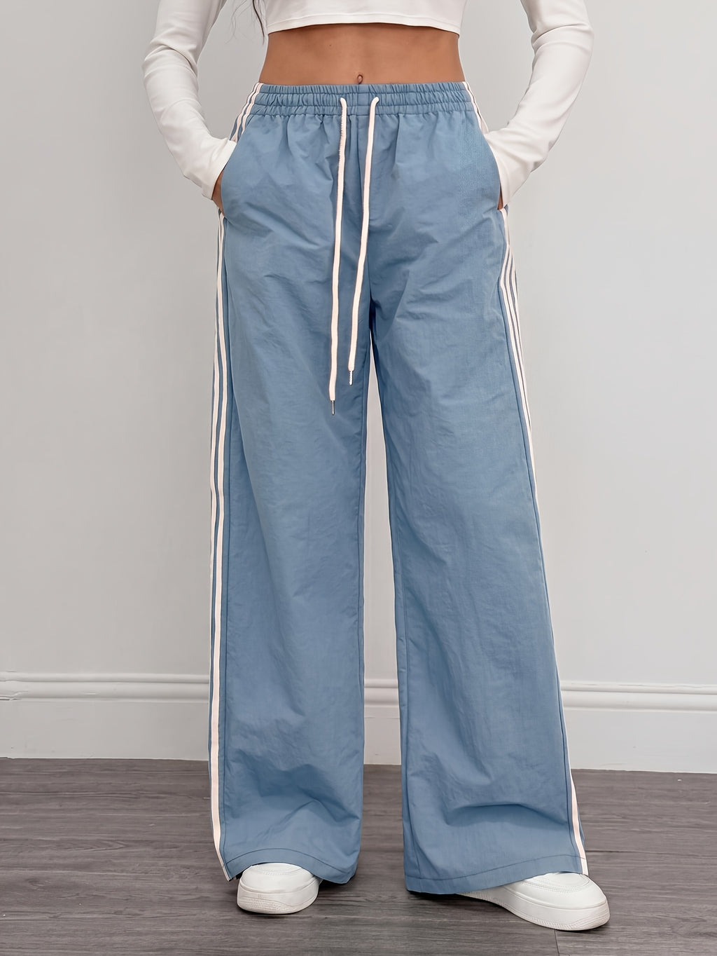 Reading Week Clothing, Back to Season, 1pc 2025 Autumn Winter New Casual Sports Fashion Comfortable Beautiful Color-Blocked Waist Drawstring Women'S Long Pants, Suitable for Holiday Gifts Women'S Apparel - Sky Blue