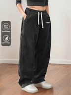 Women's Corduroy Pants - Elastic Waist Corduroy Trousers with Drawstring, Straight-Leg Lightweight Corduroy Pants Suitable for Casual Daily Wear, Dates & Outdoor Activities, Spring/Autumn Solid Color Pants (Hand Washable) - Black