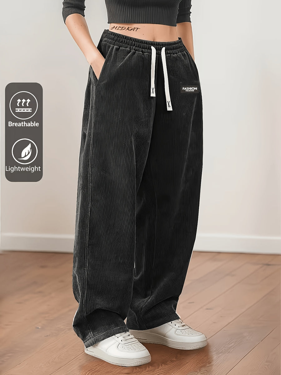 Women's Corduroy Pants - Elastic Waist Corduroy Trousers with Drawstring, Straight-Leg Lightweight Corduroy Pants Suitable for Casual Daily Wear, Dates & Outdoor Activities, Spring/Autumn Solid Color Pants (Hand Washable) - Black