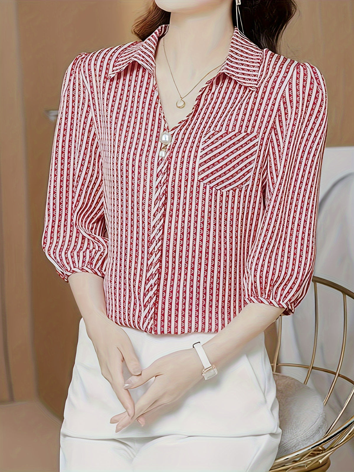 Fashion Short-Sleeve Printed Shirt for Women () - Brick Red