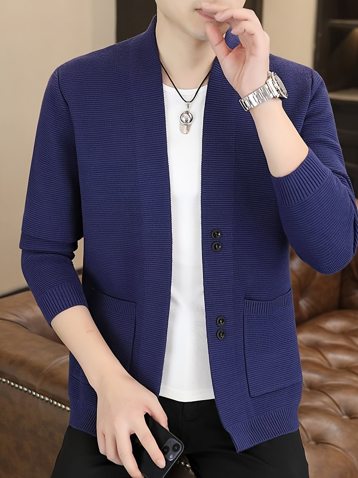 [Dulinglan OBM] Spring/Autumn New Men'S Knit Cardigan, Old Money Style Solid Striped Open Collar V-Neck Knit Cardigan Men'S Business Casual Fashion Open Collar Knit Sweater Top, Suitable for Spring, Autumn, Layering Or Outerwear - Dark Blue