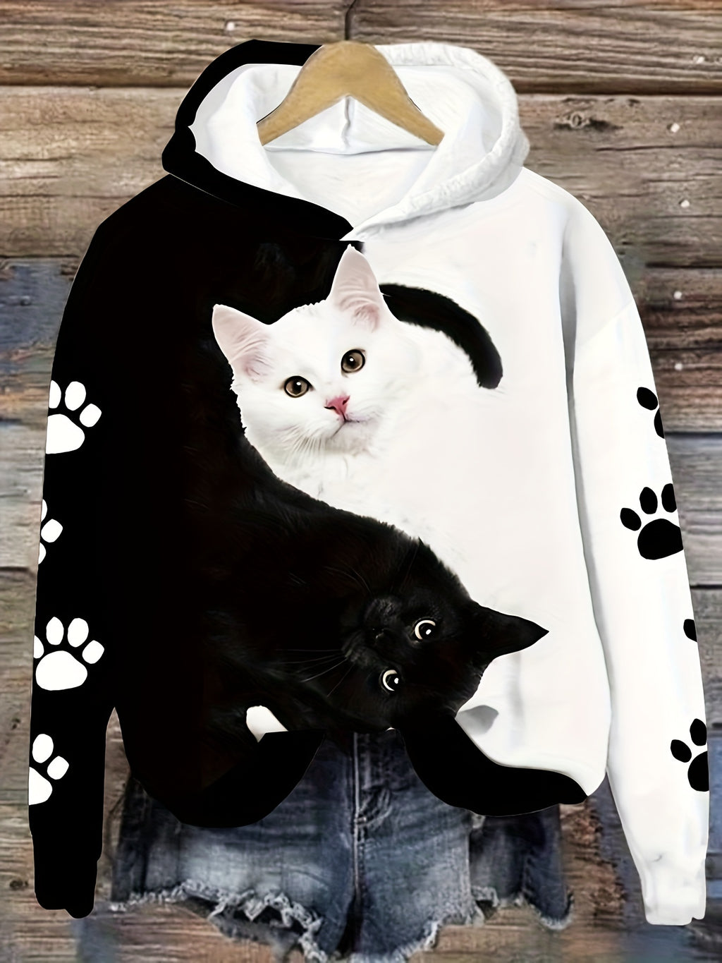 Women's Comfortable Cat Print Hoodie - Casual Long Sleeve Pullover, Machine Washable, Polyester - White