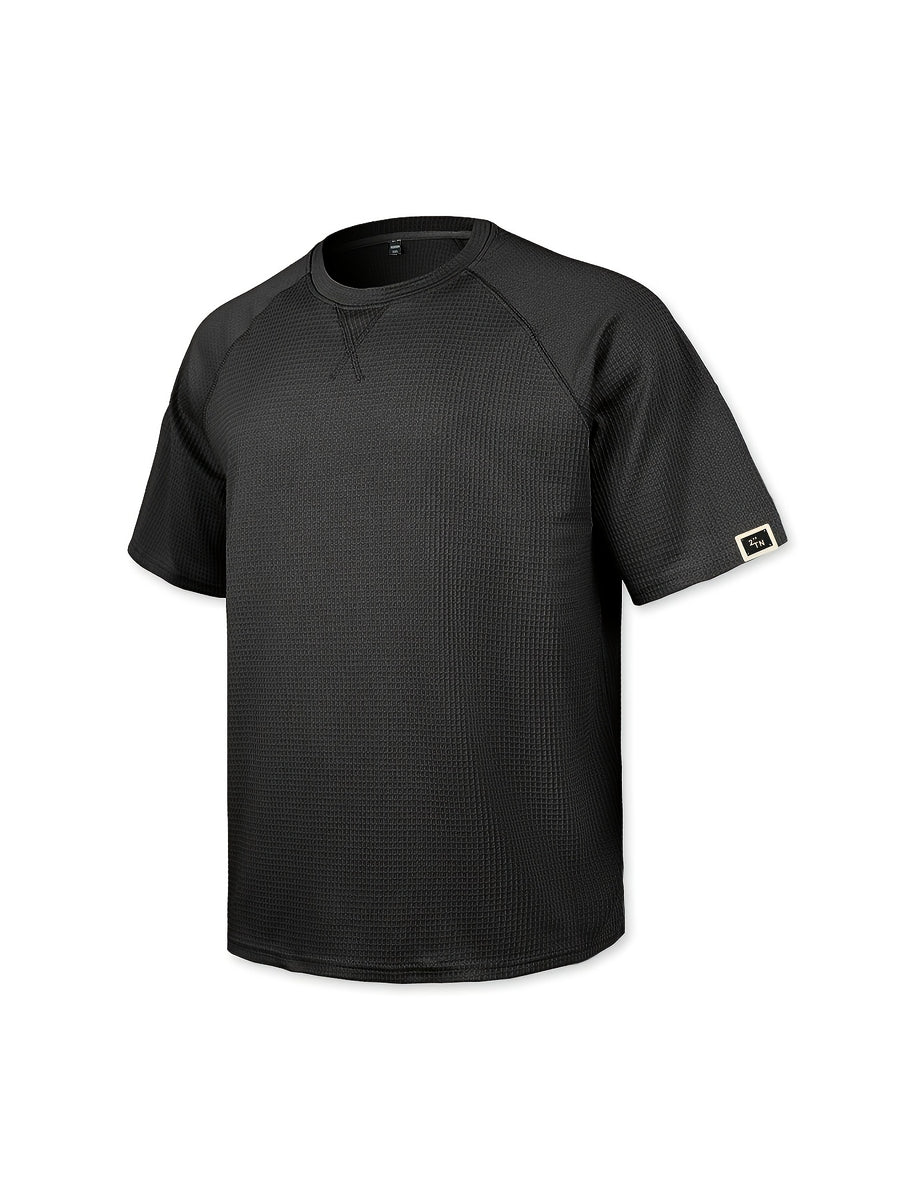 Men'S Waffle Knit Crew Neck T-Shirt, Lightweight And Breathable Short Sleeve Casual Tee with Premium Fashion Handcrafted Labeling. Comfortable Loose-Fit Summer Top Perfect for Daily Wear, Street Style, Vacations, Travel, Outdoor Activities - Black