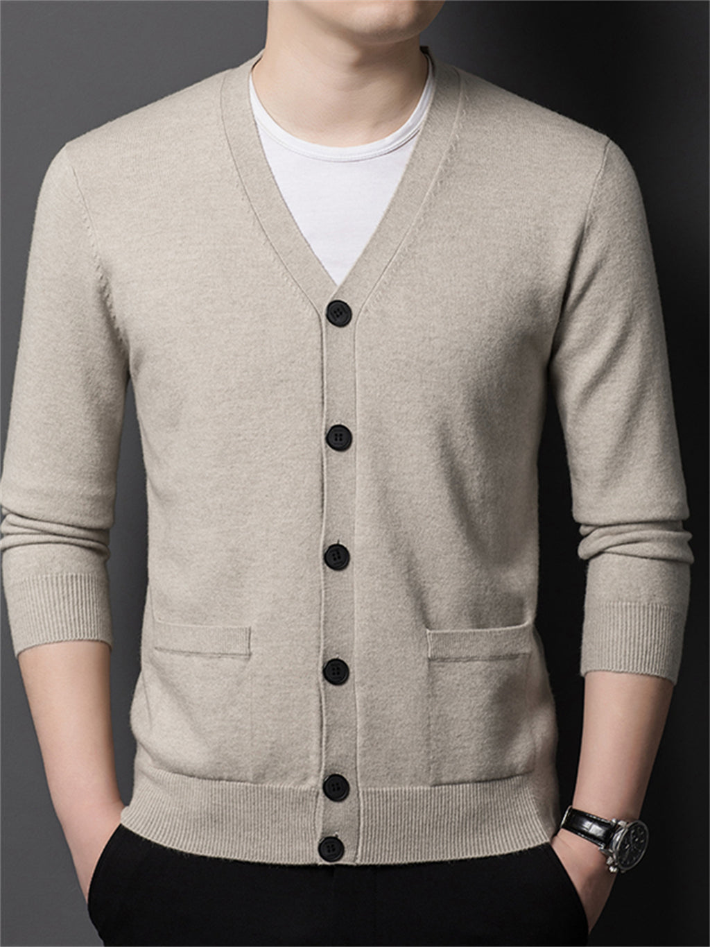 Autumn Winter Knit 3D Solid Color V-Neck Sweater, Basic Knit Cardigan for Men, Fashionable Long Sleeve Sweater, Cangyuan Y - Beige Camel