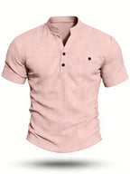 Henley Shirt Men's High-Quality Summer Short-Sleeve Henley T-Shirt - Men's Top, Old Money Style, Suitable for Golf Attire, Outdoor Camping, Fishing, and Daily Casual Wear - Pink Color