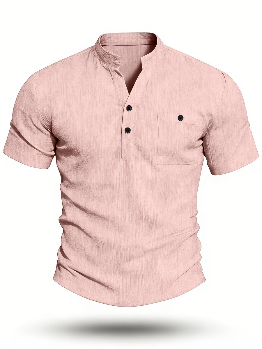 Henley Shirt Men's High-Quality Summer Short-Sleeve Henley T-Shirt - Men's Top, Old Money Style, Suitable for Golf Attire, Outdoor Camping, Fishing, and Daily Casual Wear - Pink Color