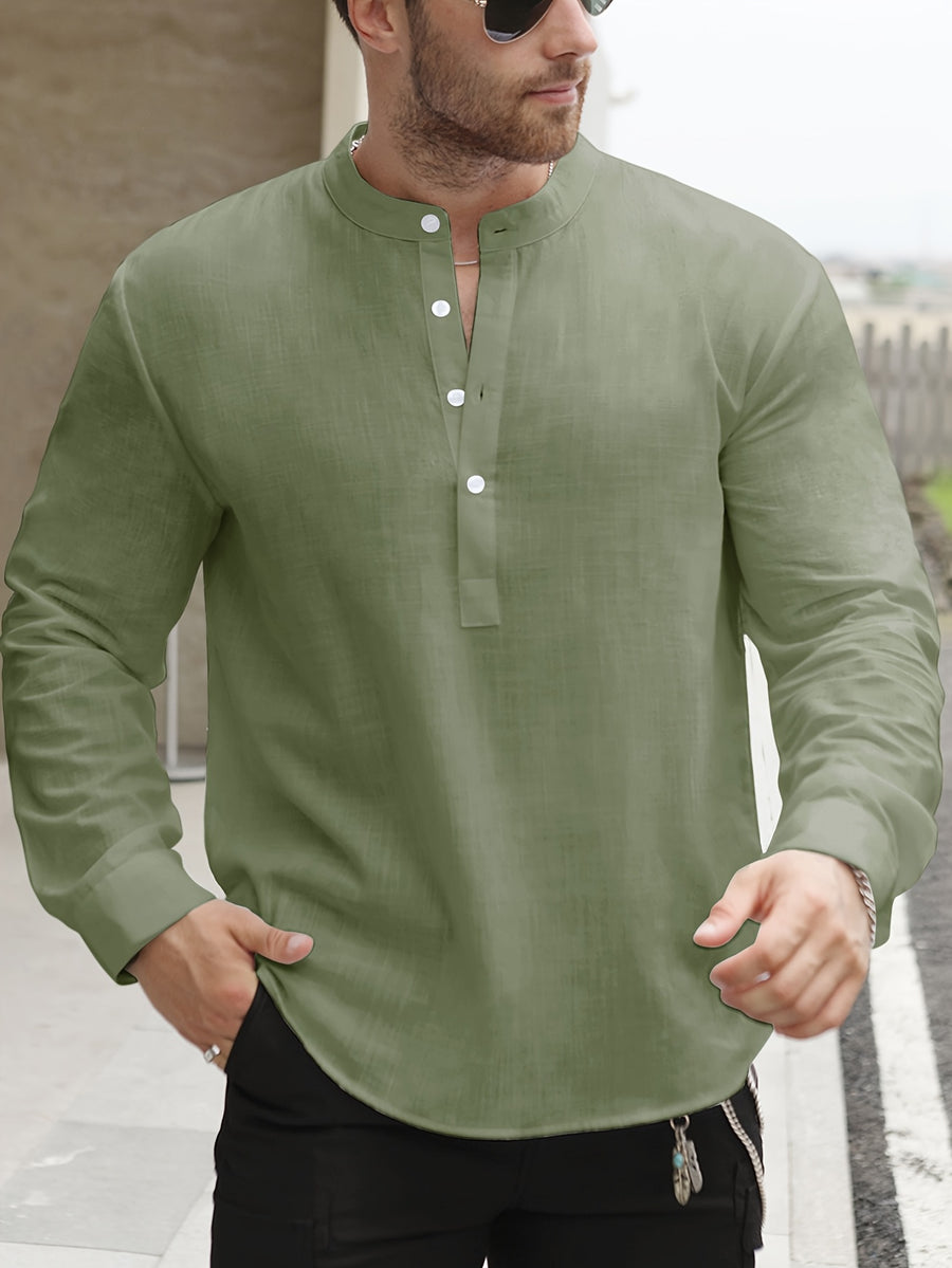 Men's Lightweight Thin Striped Stand Collar Half-Placket Solid Color Long Sleeve Shirt WISH Twill Loose Vintage Shirt - Olive Green