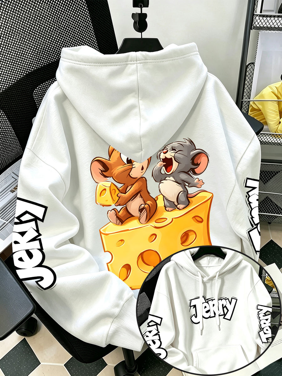 By Warner Bros., 2026 New Fun Cartoon Print, Men's Hoodie, Hooded Sweatshirt, Kangaroo Pocket and Drawstring Hat, Suitable for Daily and Outdoor Sports Wear, Autumn and Winter Warm Jacket, Fashionable Jacket - White