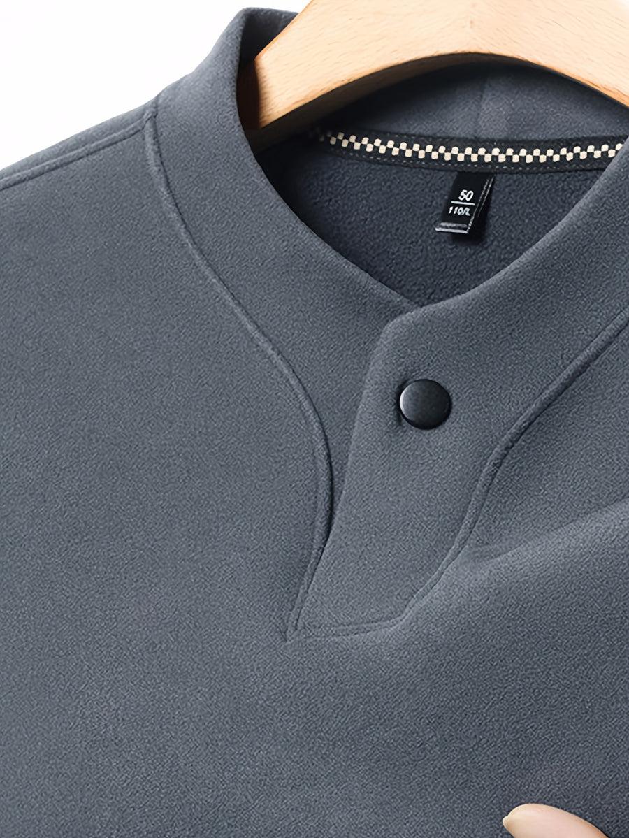 Men'S Single-Button Henley Collar Fleece Long Sleeve Top, Solid Color Minimalist Design Without LOGO, Light Luxury Easy Men'S Style - SINBOS - Grey