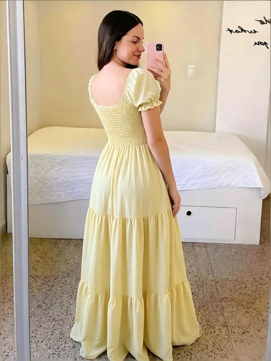 Four-Season Suitable Dress, Y2K Women's New Solid Color Square Neck Tie-Back Long Dress, Suitable for Streetwear, Commuting, Parties, Social Events, Vacations, Christmas, New Year, Valentine's Day, Women's New Clothing M186 - Yellow
