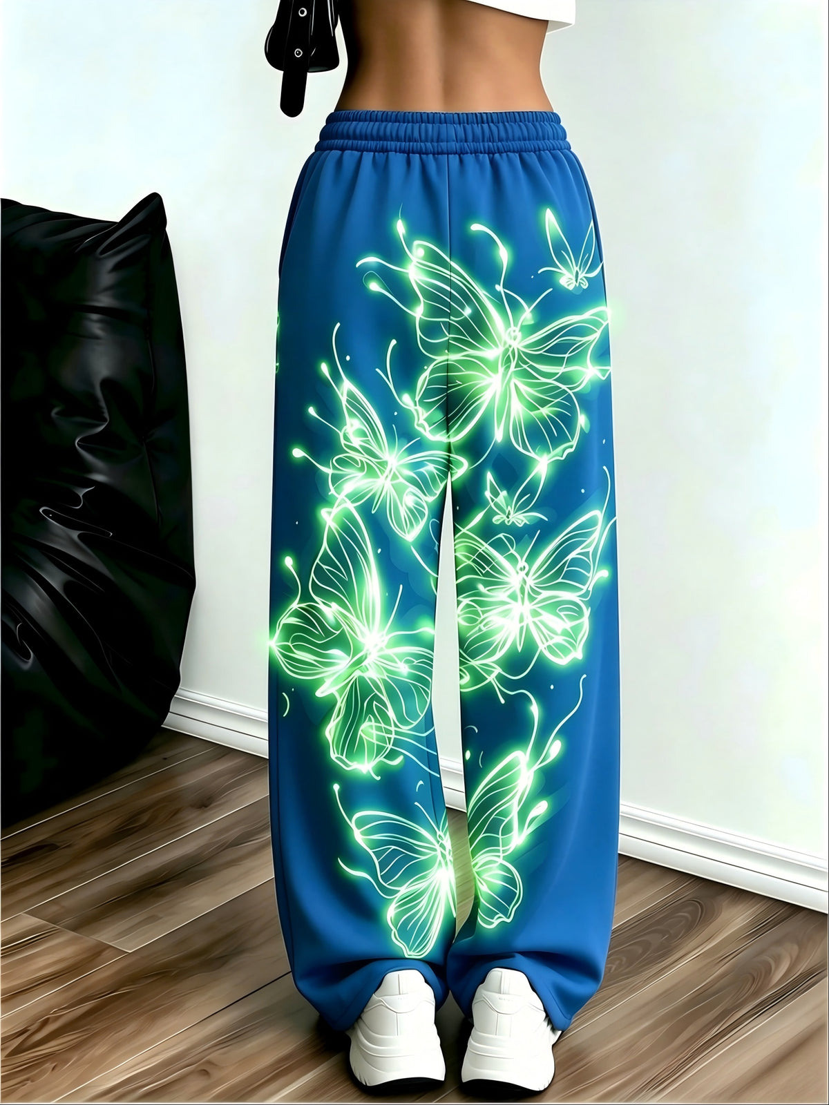 Women's Neon Butterfly Glow-in-the-dark Pattern Jogging Pants with Pockets, Elastic Waistband, and Straight-leg Design - Vibrant Blue