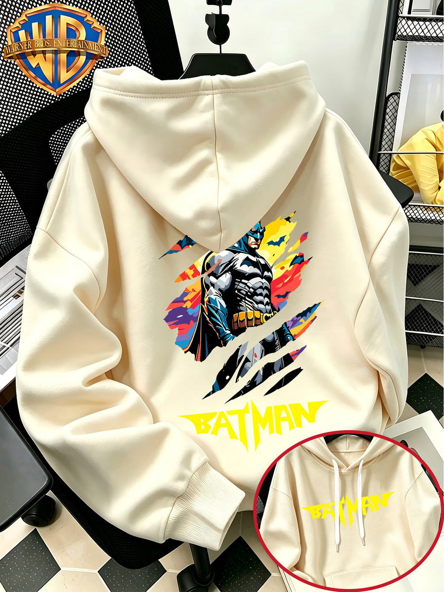 [Warner Bros. Official] Autumn/Winter Streetwear Fashion Men's Drawstring Pocket Hoodie Sweatshirt, Ripped Color Ink Batman Comic Book Cool Print Design, Sporty Style Loose Fit Hoodie, for Daily Casual Wear, Men's Trendy Fashion, Suitable for Home - Apricot
