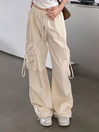 American Vintage Hot Work Pants for Women, Summer Lightweight Loose Street Dance Hip-Hop Trend Wide-Leg Pants - Apricot
