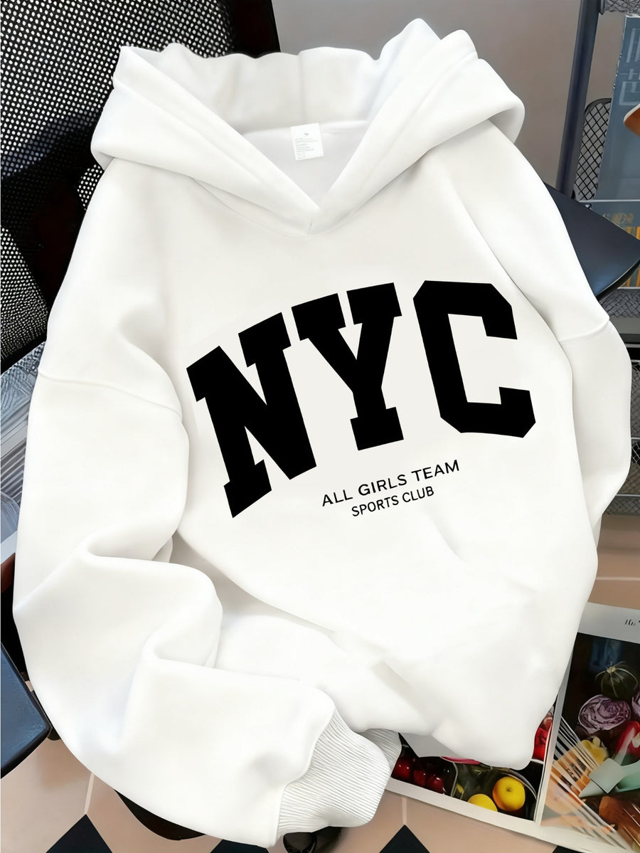 Trendy Letter Women'S Casual Hooded Sweatshirt with Front Print - Machine Washable, All-Season Versatile Pullover, Fashionable And Trendy, Durable Material, Comfortable Fabric, Printed Sweatshirt, Casual Wear, Urban Style, Fashion Enthusiast - White