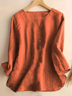 Spring and Autumn Loose Fit Casual Women's Top, Comfortable with Button Decoration and Three-Quarter Sleeves, Suitable for Vacation - Orange-Red
