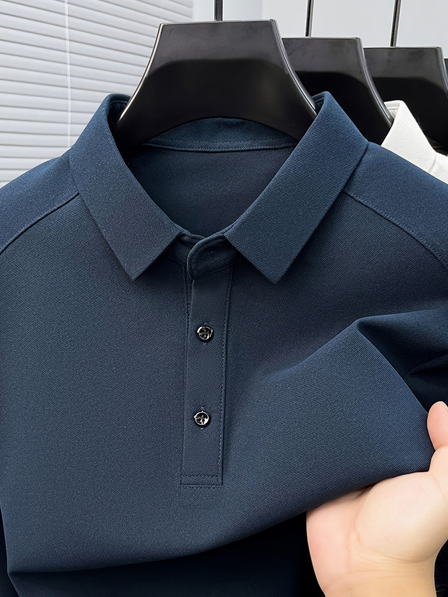 Men'S Raglan Sleeve Long Sleeve Polo Shirt, Relaxed Fit Cut, Unrestricted Movement, Loose Non-Tight Fit, Easy Business Style, No Extra Logos - SINBOS - Dark Blue