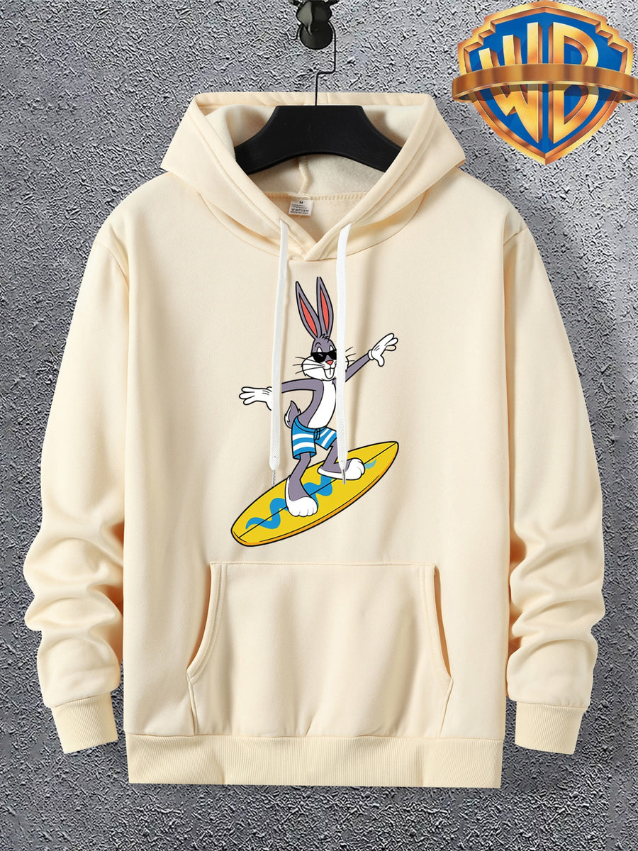 Warner Bros. Official Men's Autumn Hooded Sweatshirt, with Ribbed Cuffs, Breathable Polyester Fabric, Summer Beach Surfing Anime Print, Suitable for Casual and Sporty Outfits, Friend Gatherings, and Daily Shopping, Pocket Storage - Apricot