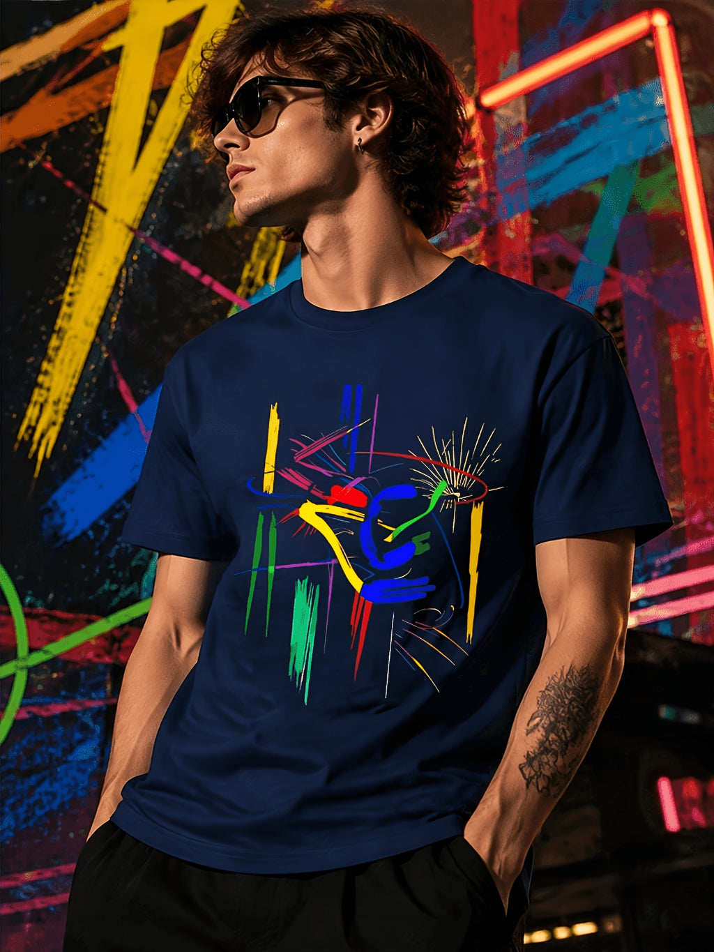 Men's Abstract Art T-Shirt - Vibrant Brushstroke Design, Soft and Breathable, Modern Crew Neck, Short Sleeve Summer Tee, Art-Inspired T-Shirt - Navy Color