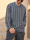 Men's Striped Stand Collar Long Sleeve Shirt, Vintage Loose Fit Casual Top, Breathable - Texture Pocket T-Shirt, Middle Eastern Style Vacation Men's Plus Size Shirt - Black