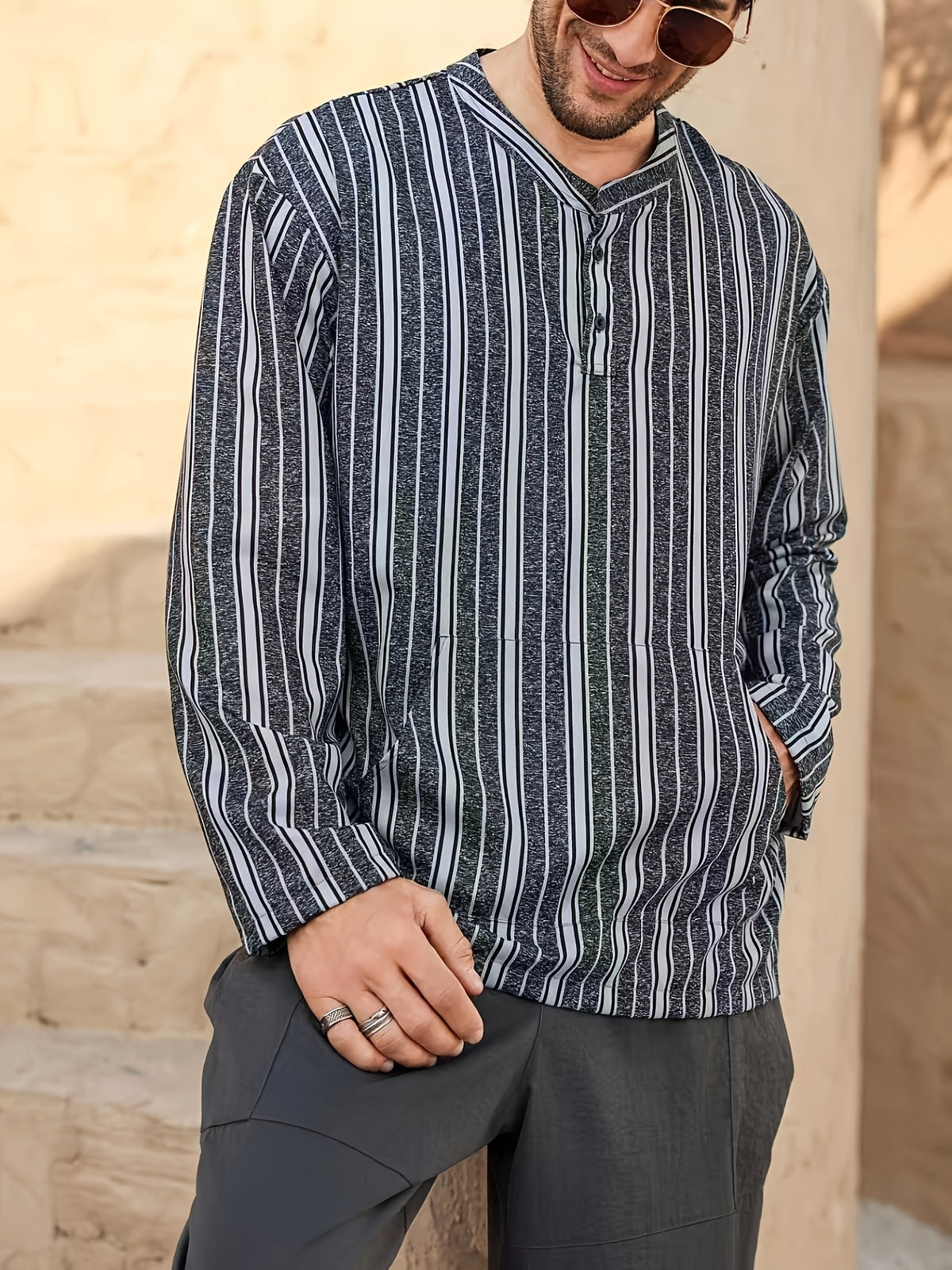 Men's Striped Stand Collar Long Sleeve Shirt, Vintage Loose Fit Casual Top, Breathable - Texture Pocket T-Shirt, Middle Eastern Style Vacation Men's Plus Size Shirt - Black