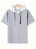 Spring Summer New Casual Versatile Patchwork Hooded Sweatshirt Short Sleeve Top - Gray And White
