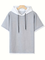 Spring Summer New Casual Versatile Patchwork Hooded Sweatshirt Short Sleeve Top - Gray And White
