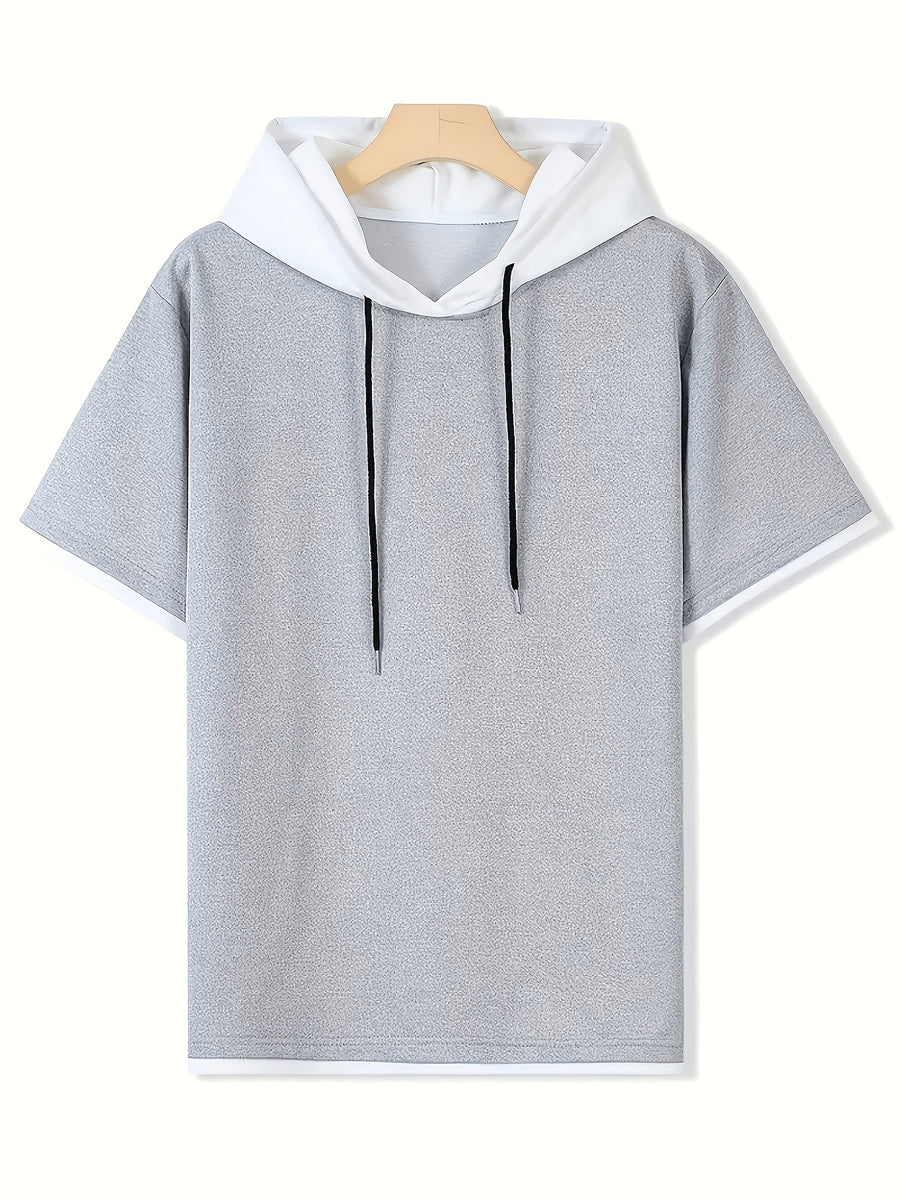 Spring Summer New Casual Versatile Patchwork Hooded Sweatshirt Short Sleeve Top - Gray And White