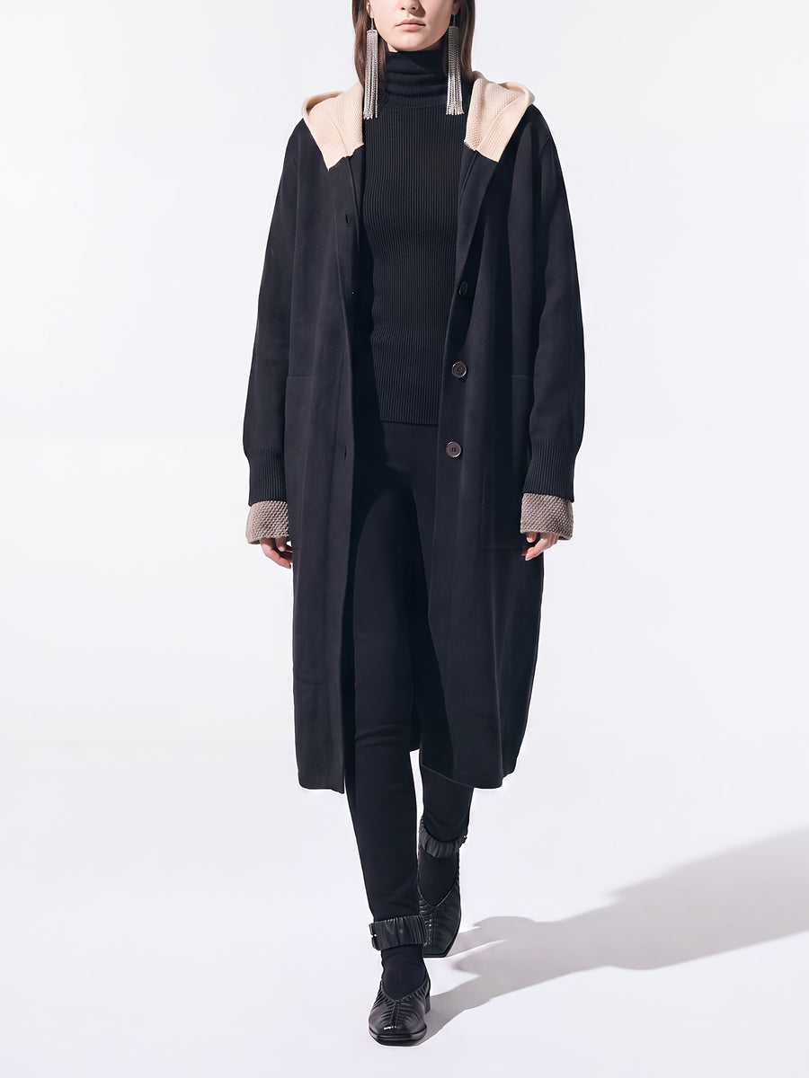 Black Color-Block Hooded Long Cardigan, Single Button Long Sleeve with Pocket Coat Jacket - Black