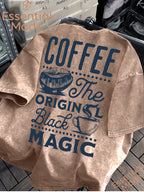 American High Street COFFEE Coffee Bean Cafe Themed Letter Print Distressed Washed Short-Sleeve T-Shirt - Loose Fit Casual American Vintage Style Men's Washed T-Shirt Casual Top - Coffee Brown